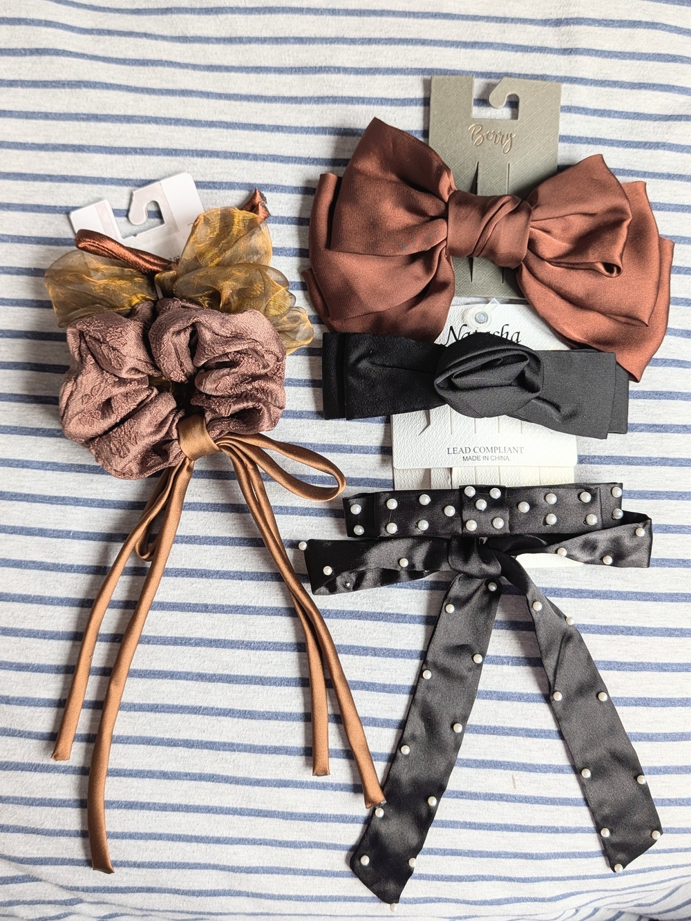 Hair Accessories Pack - Brown & Black Hair Bows and Scrunchies